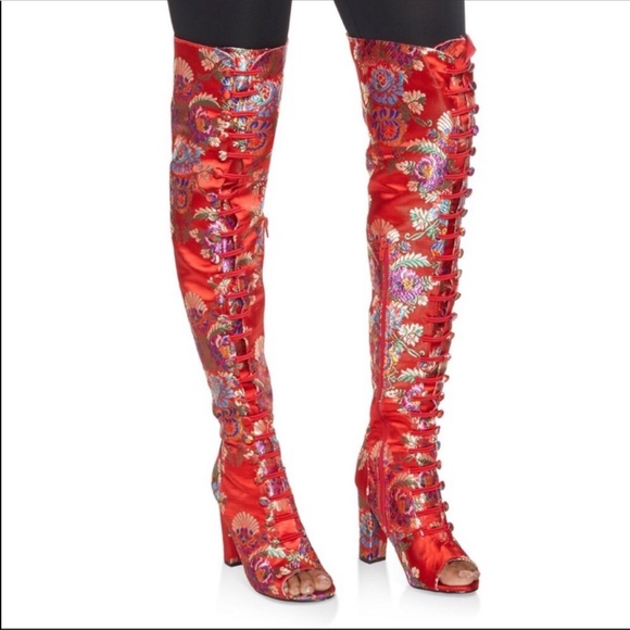 Red Lime Flower Embroidered Over the Knee Boots - Picture 3 of 4